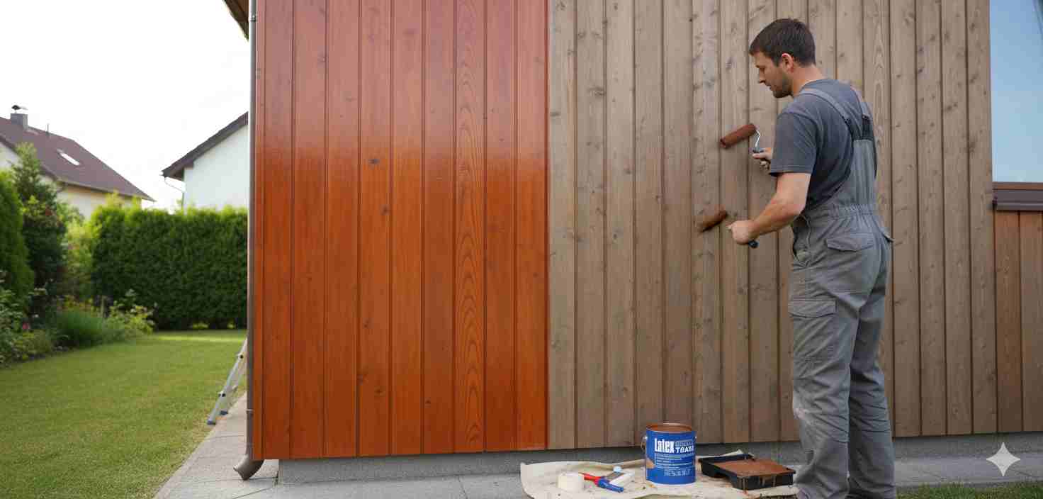اجرای رنگ محافظ لاکو روی نمای چوبی ترمووود